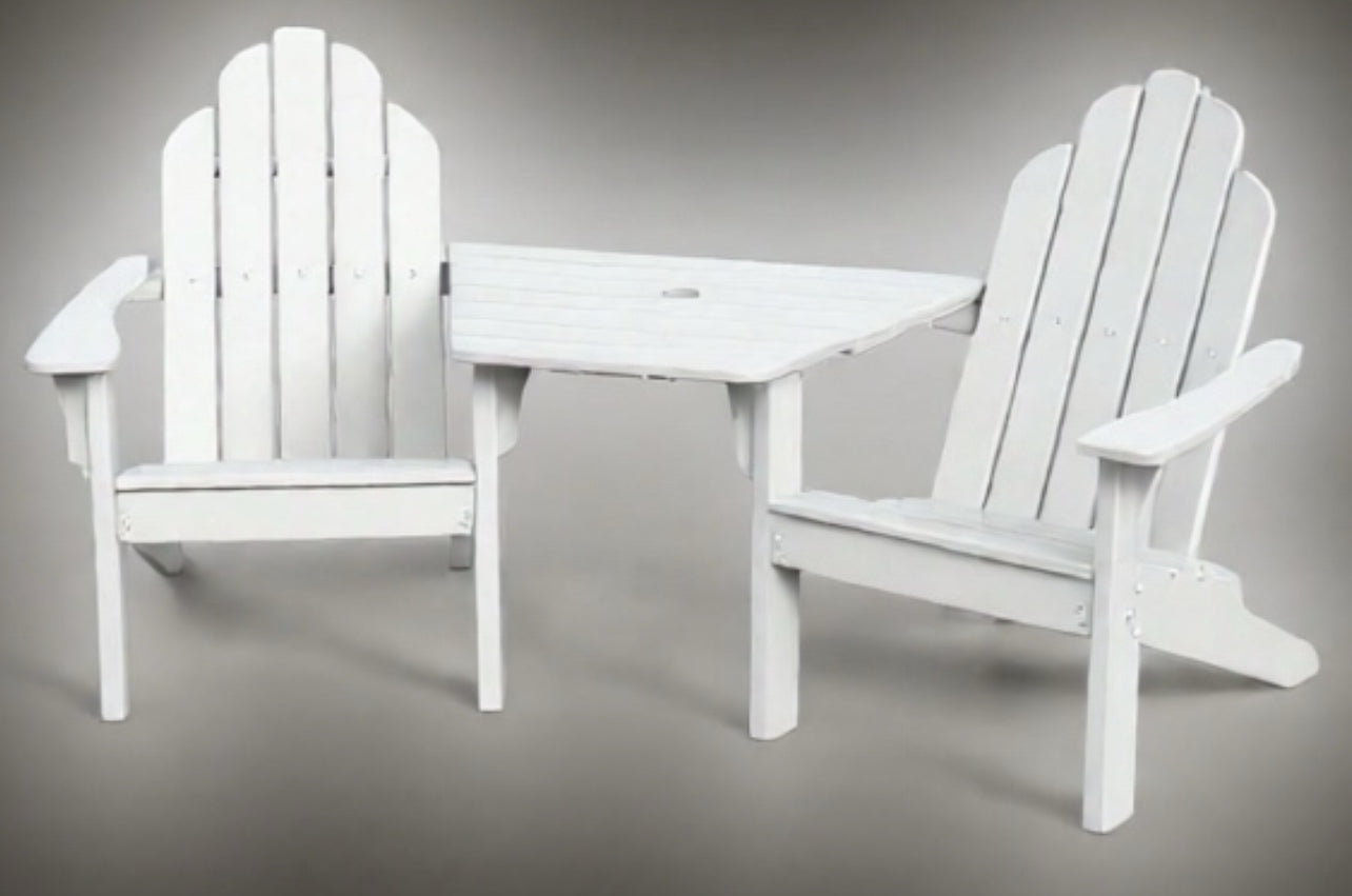 White Adirondack chair set with table on a gray background