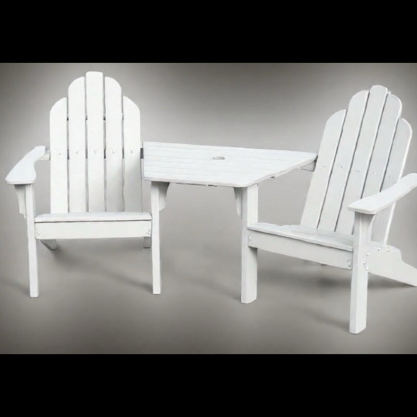 White Adirondack chair set with table on a gray background