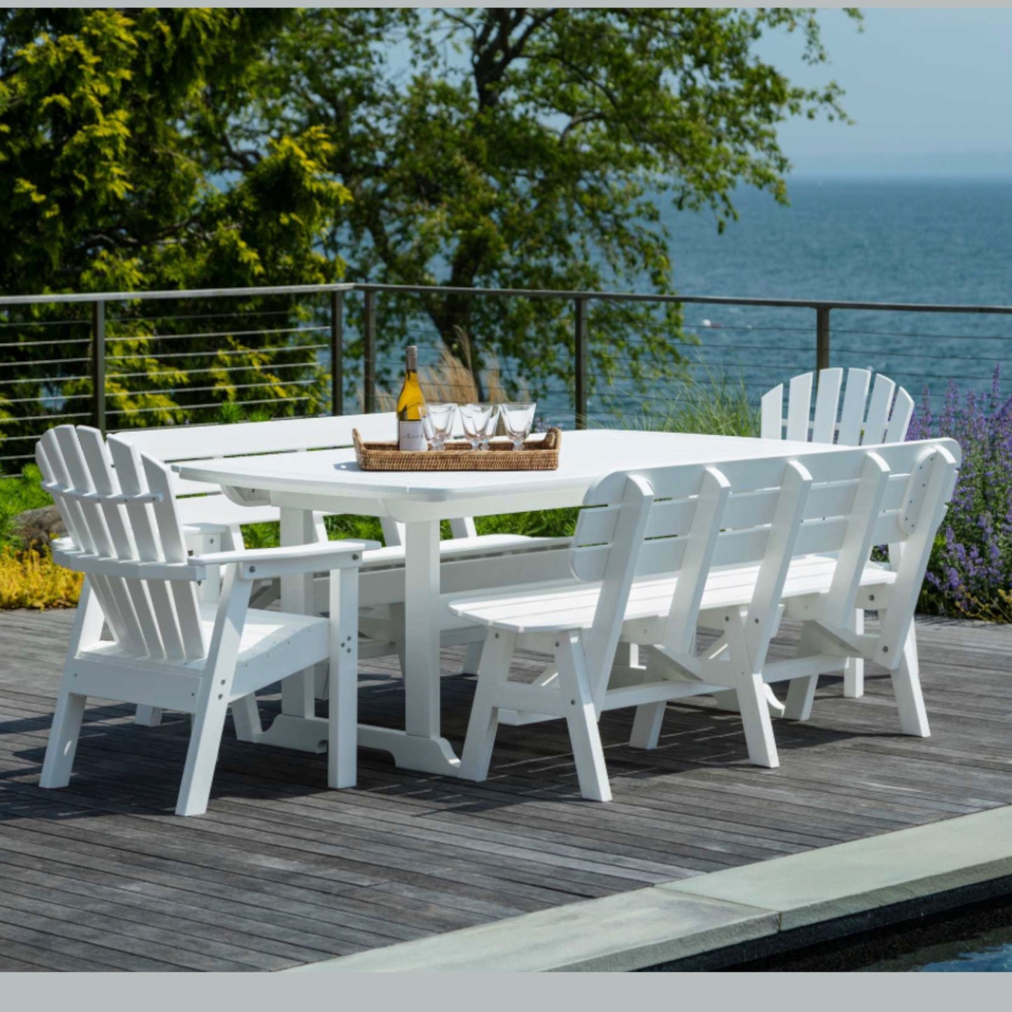 42 x 72 Inch Rectangular Seaside Casual Portsmouth Dining Table Seating Set with 2 Benches and 2 Adirondack Shellback Dining Chairs