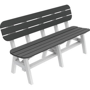 five foot bench with a back shown in black and white with a white background.