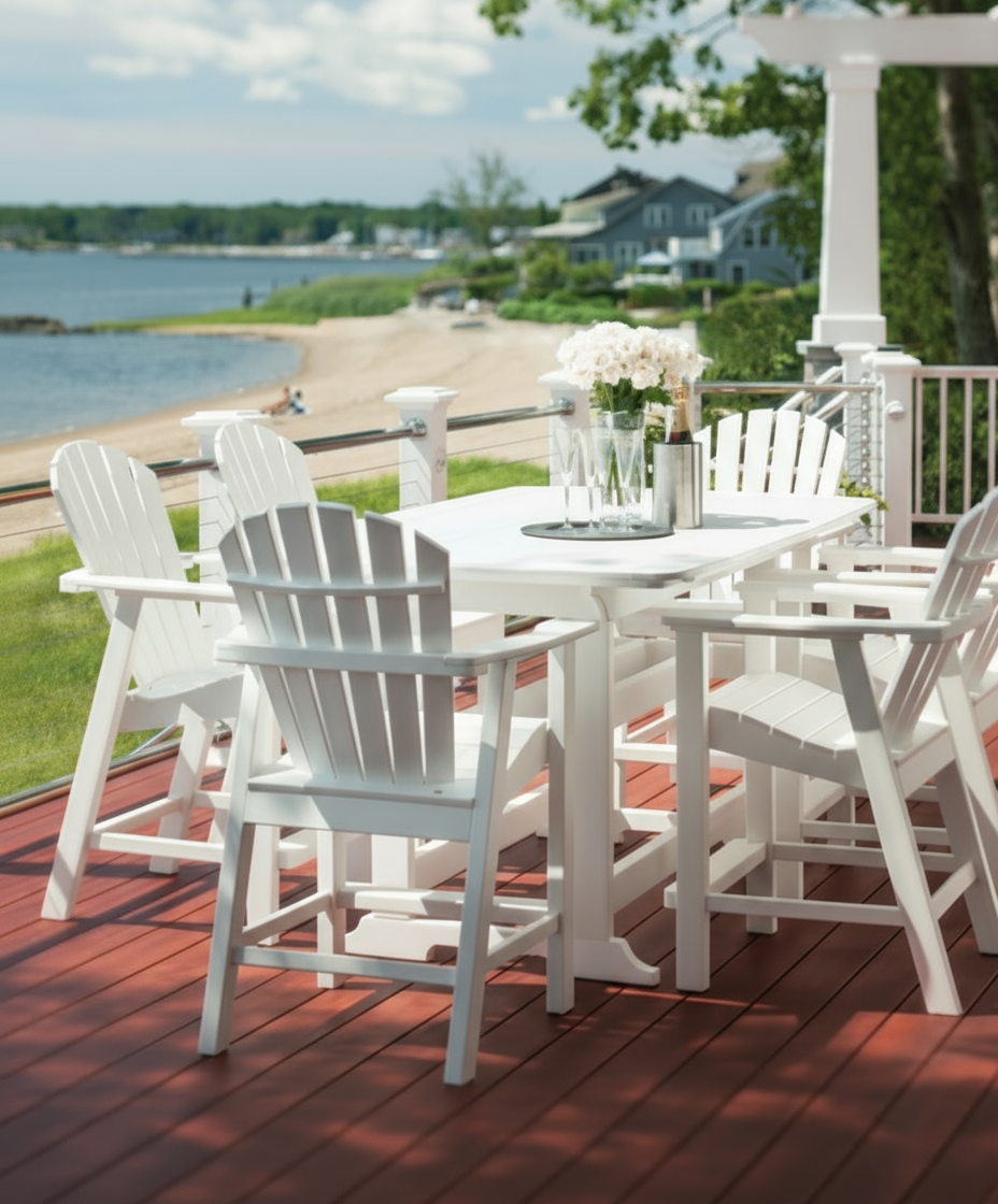 White bar height outdoor dining set on a wooden deck with a scenic background
