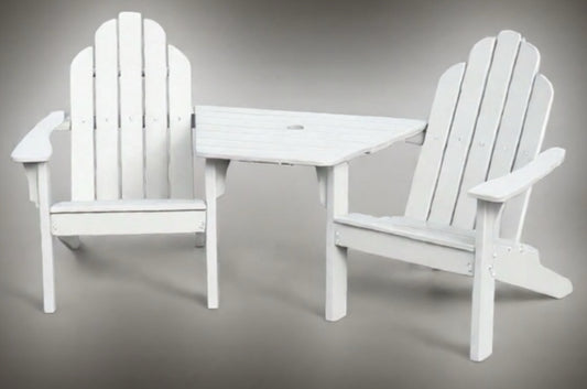 White Adirondack chair set with table on a gray background