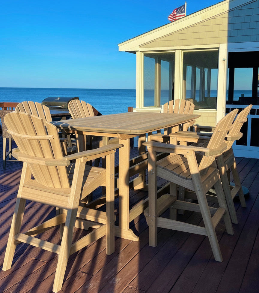 Bar height Outdoor furniture set on a deck with ocean view. Seats 6.