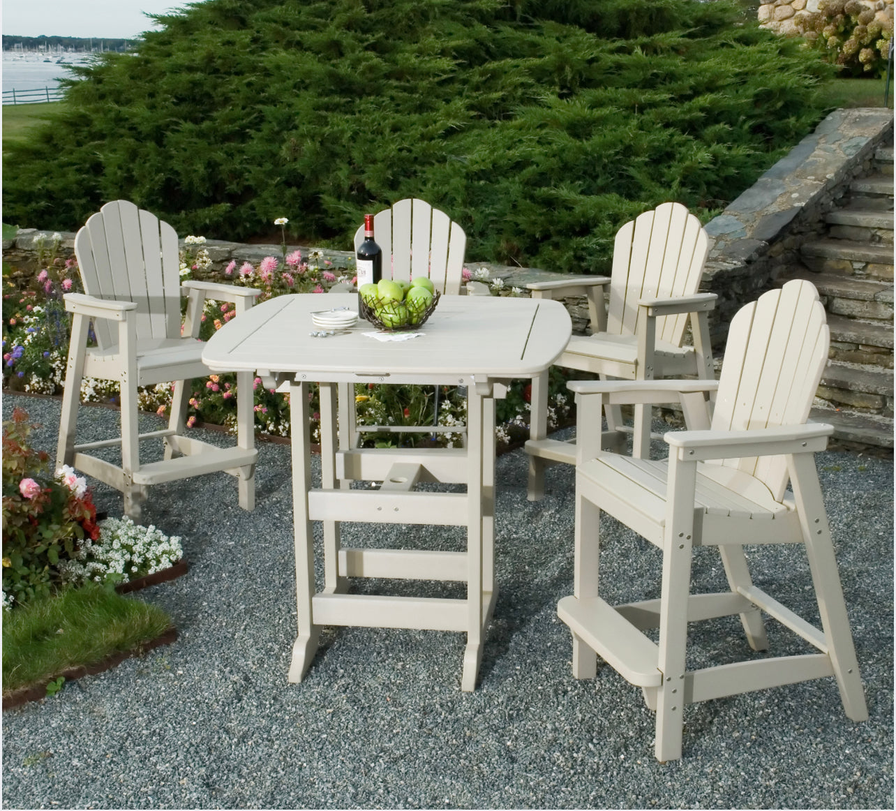 42 x 42 Inch Square Portsmouth Bar Table Seating Set with 4 Classic Adirondack Bar Chairs