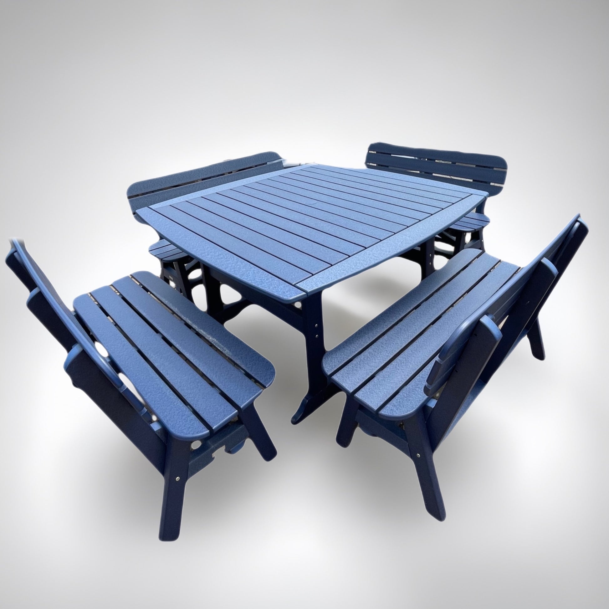 A rectangular blue dining table with four attached benches, designed for outdoor use.